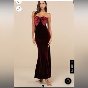 Dramatic Stunner Burgundy Velvet Bow Strapless Maxi Dress